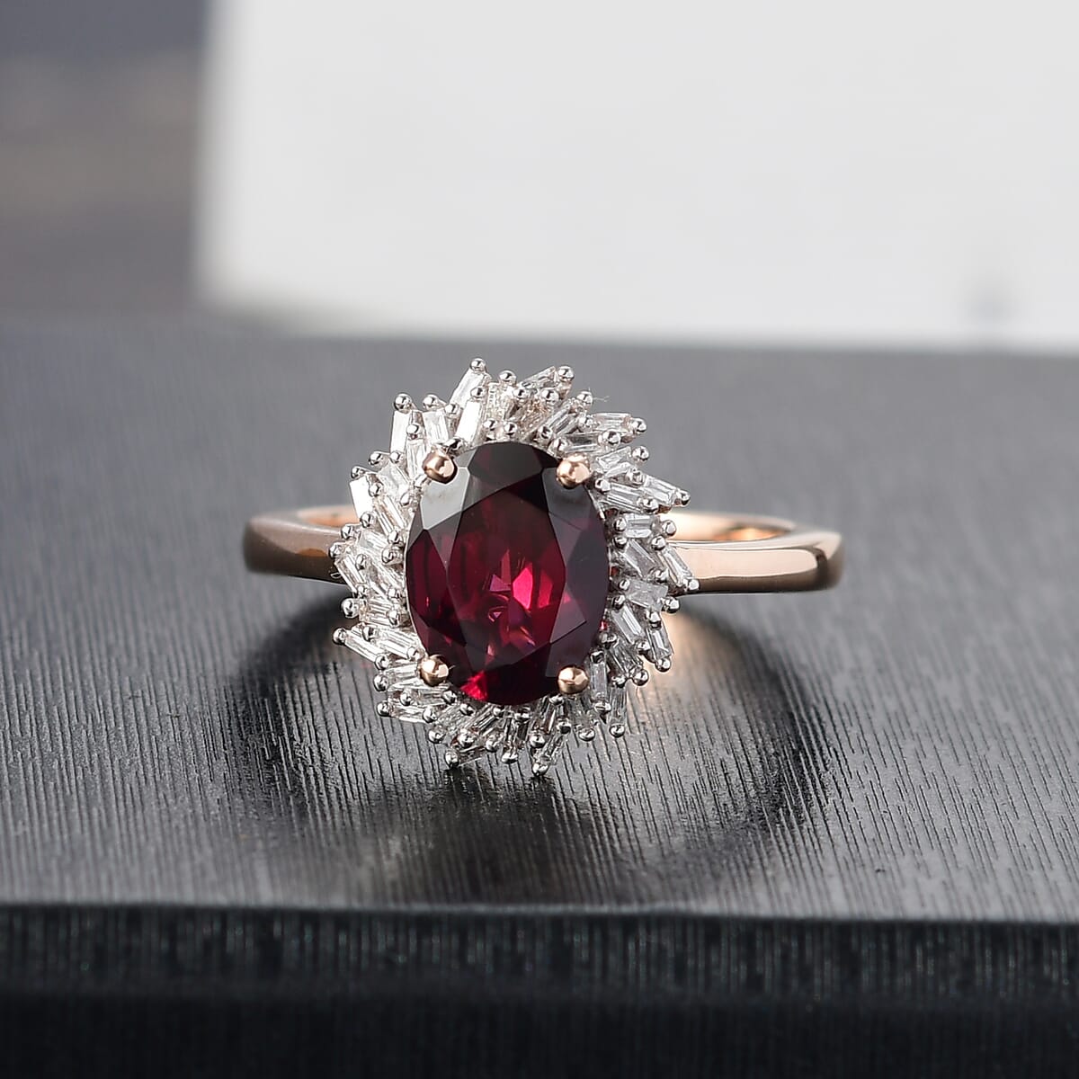 Luxoro AAA Radiant Ember Garnet and I2 Diamond 2.45 ctw Fire and Grace Ring in 10K Rose Gold (Size 10.0) image number 1