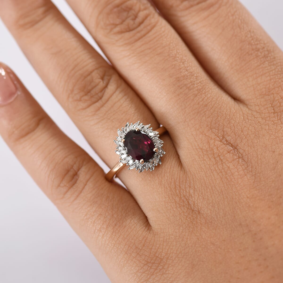 Luxoro AAA Radiant Ember Garnet and I2 Diamond 2.45 ctw Fire and Grace Ring in 10K Rose Gold (Size 10.0) image number 2