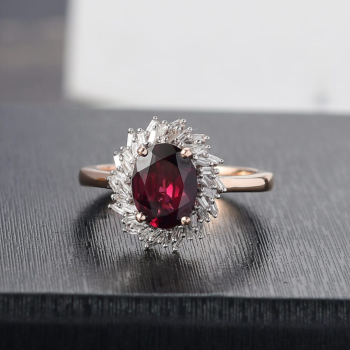 Luxoro AAA Radiant Ember Garnet and I2 Diamond 2.45 ctw Fire and Grace Ring in 10K Rose Gold (Size 7.0) image number 1