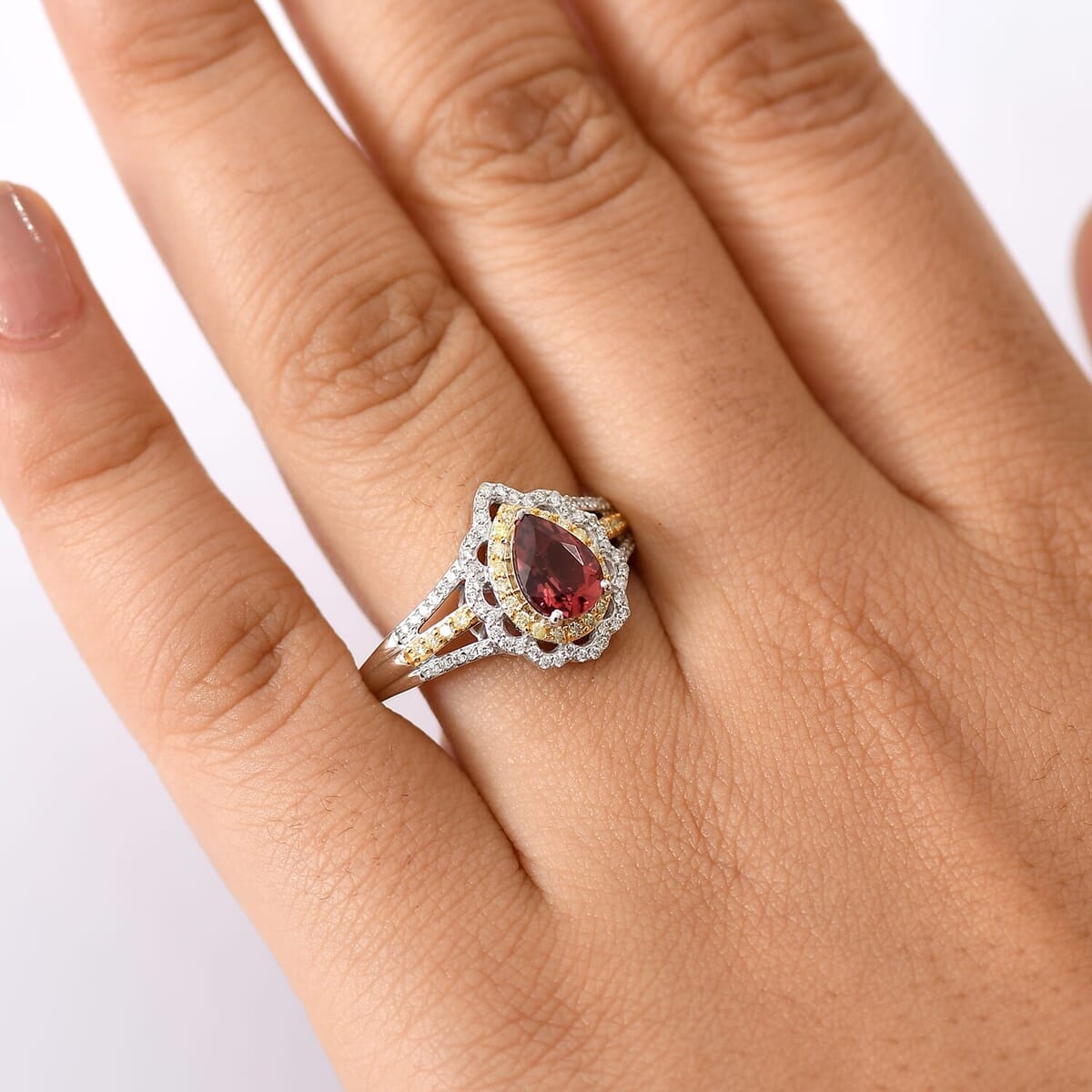 Luxoro AAA Morro Redondo Pink Tourmaline, I2 Natural Yellow and White Diamond 1.70 ctw Blushfire Ring in 10K White Gold (Size 10.0) 4.60 Grams (Del. in 10-12 Days) image number 2