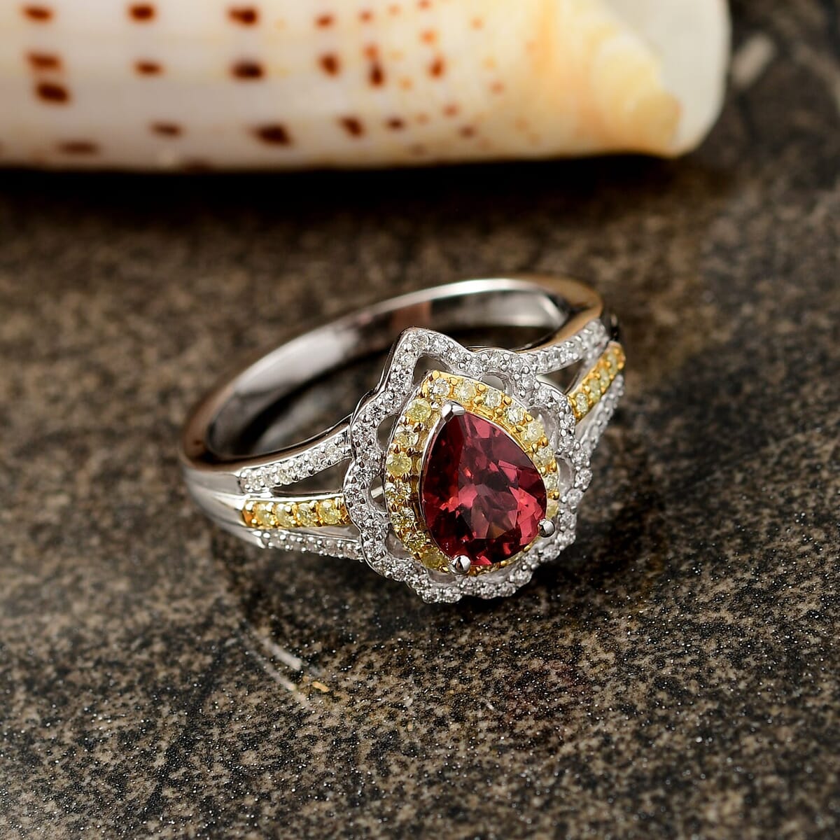 Luxoro 10K White and Yellow Gold AAA Morro Redondo Pink Tourmaline, Natural Yellow and White Diamond (I2) (0.47 cts) Water Ripples Ring (Size 10.5) (4.60 g) 1.70 ctw image number 1