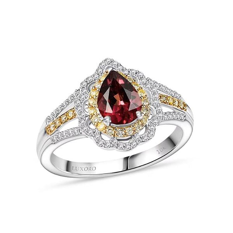Luxoro 10K White and Yellow Gold AAA Morro Redondo Pink Tourmaline, Natural Yellow and White Diamond (I2) (0.47 cts) Water Ripples Ring (Size 12.0) (4.60 g) 1.70 ctw