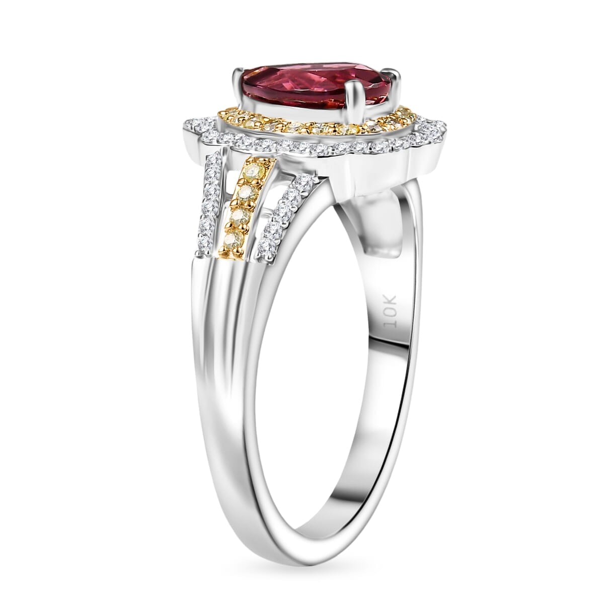 Luxoro 10K White and Yellow Gold AAA Morro Redondo Pink Tourmaline, Natural Yellow and White Diamond (I2) (0.47 cts) Water Ripples Ring (Size 7.5) (4.60 g) 1.70 ctw image number 3