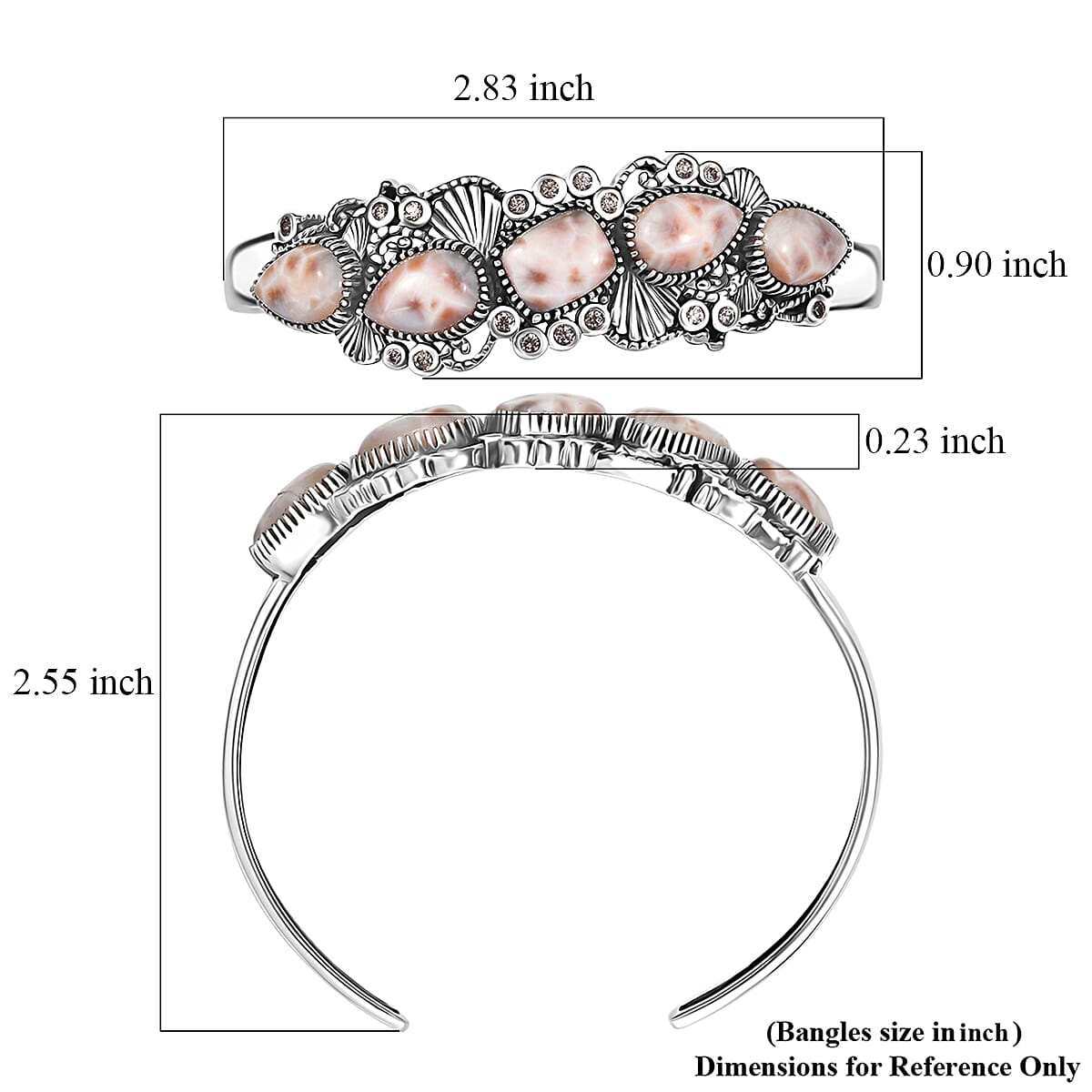 D'Joy Artisan Crafted Pink Natrolite and Natural Champagne Zircon 14.55 ctw Oceanic Beauty Cuff Bracelet in Sterling Silver (7.25 In)