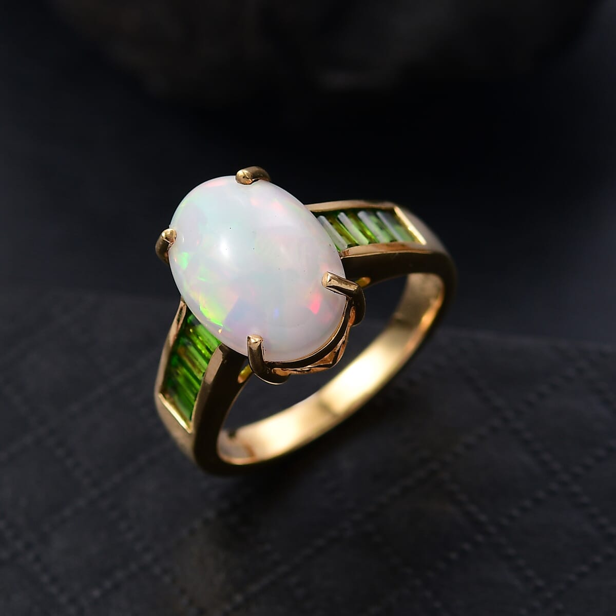 D'Joy Premium Ethiopian Welo Opal and Chrome Diopside 4.60 ctw Staircase Ring in 18K Vermeil Yellow Gold Over Sterling Silver image number 1
