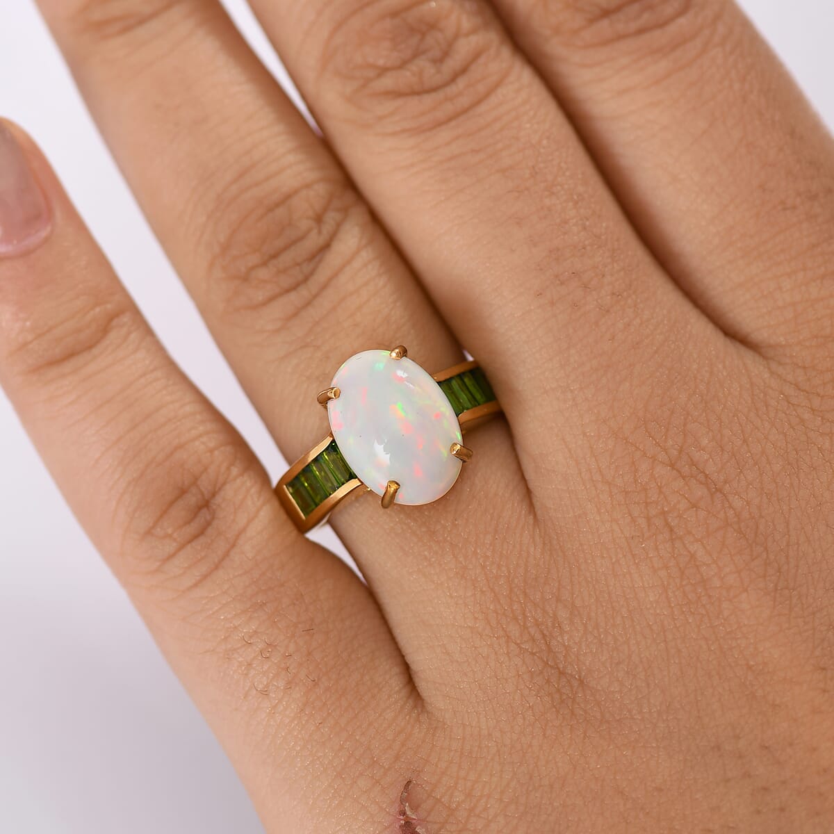 D'Joy Premium Ethiopian Welo Opal and Chrome Diopside 4.60 ctw Staircase Ring in 18K Vermeil Yellow Gold Over Sterling Silver image number 2