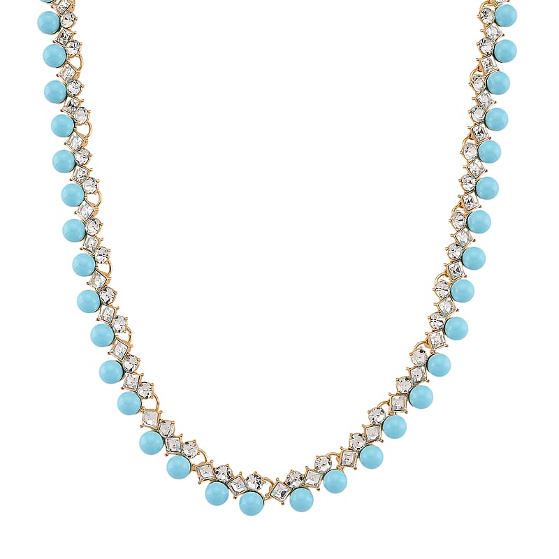 Sleeping Beauty Color Shell Pearl and Austrian Crystal Necklace in Goldtone 18-20 Inches