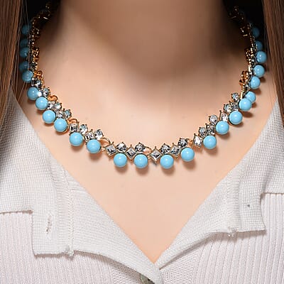 Sleeping Beauty Color Shell Pearl and Austrian Crystal Necklace in Goldtone 18-20 Inches