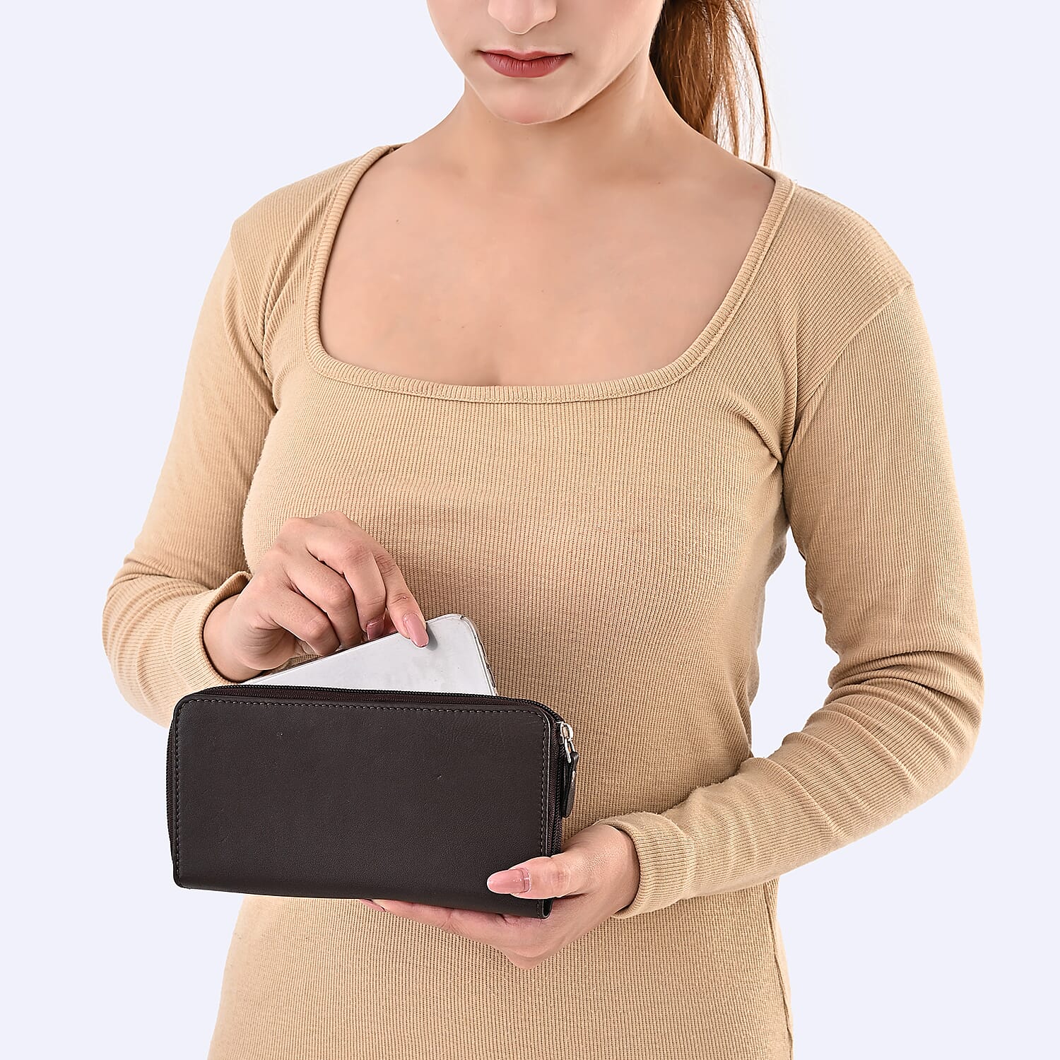Livmore Brown Genuine Leather Womens Wallet with Single Zip Compartment