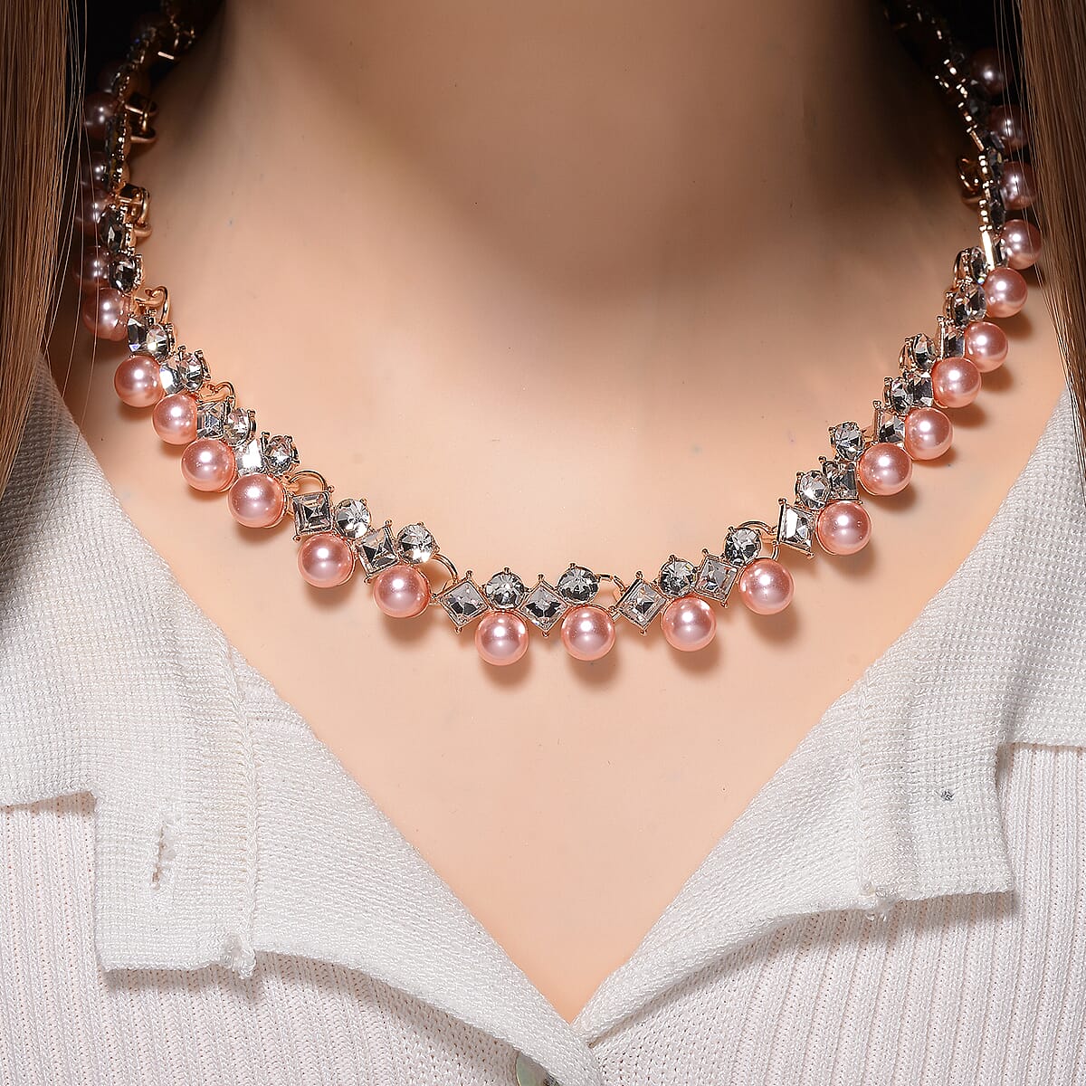 Pink Shell Pearl and Austrian Crystal Necklace in Rosetone18-20 Inches image number 1