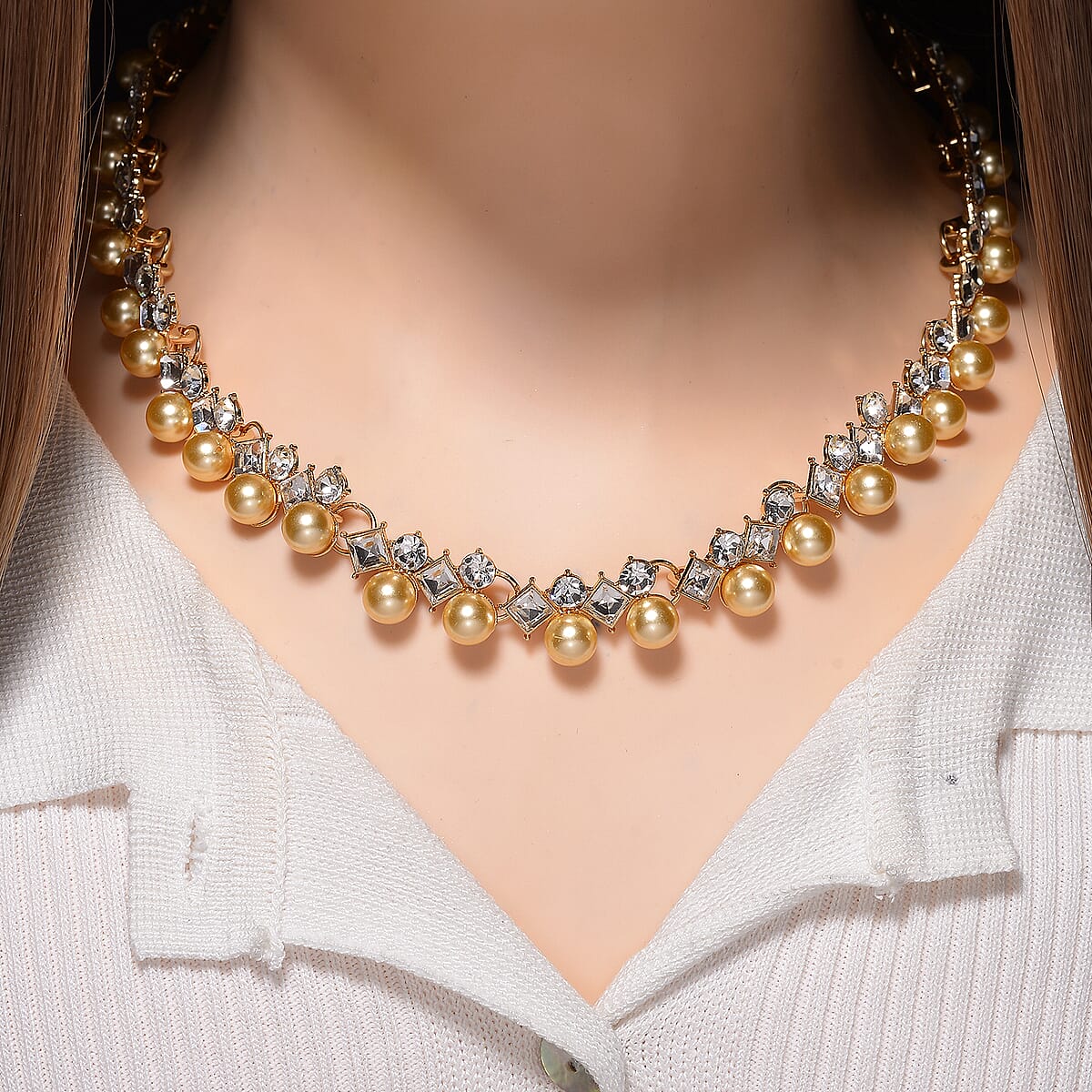Golden Shell Pearl and Austrian Crystal Necklace in Goldtone 18-20 Inches image number 1