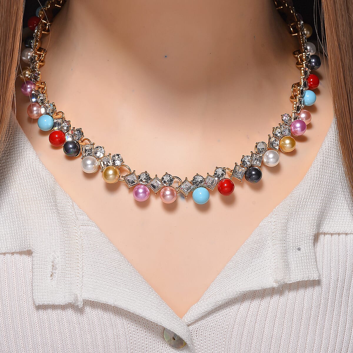 Multi Color Shell Pearl and Austrian Crystal Necklace in Goldtone 18-20 Inches image number 1