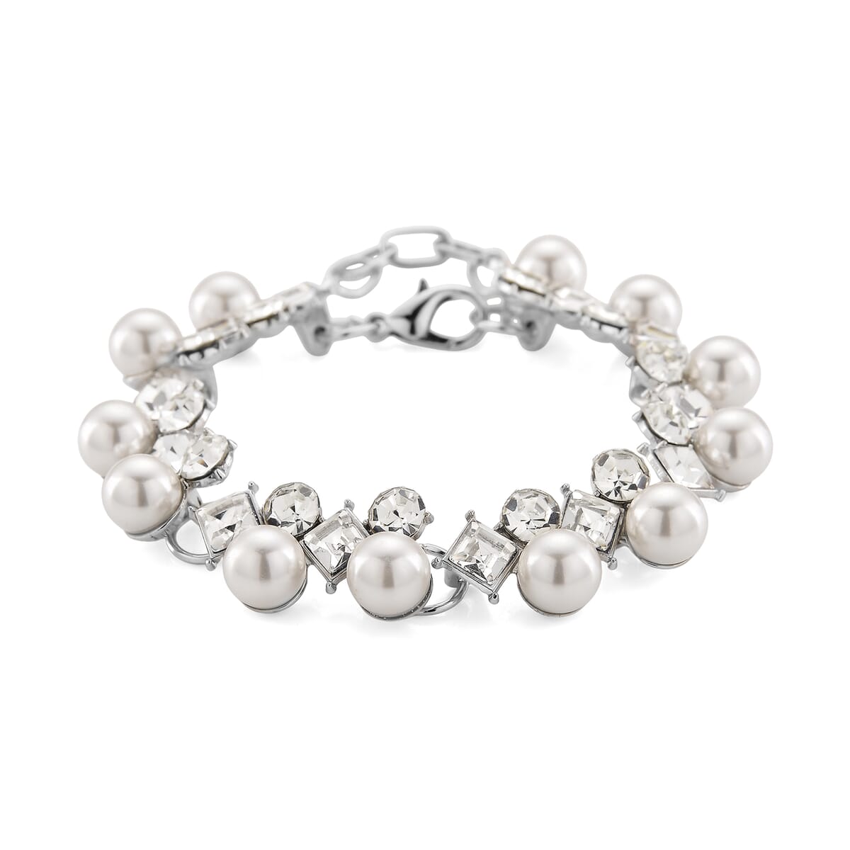 TLV White Shell Pearl and Austrian Crystal Bracelet in Silvertone (6.50-8.0In) image number 0