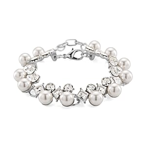 White Shell Pearl and Austrian Crystal Bracelet in Silvertone (6.50-8.0In)