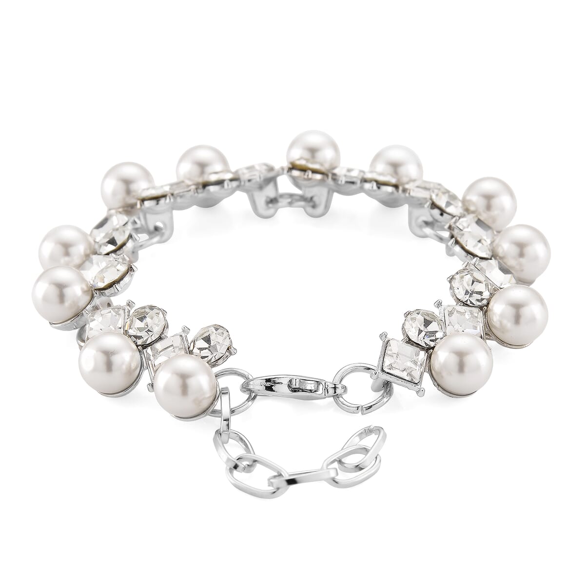 TLV White Shell Pearl and Austrian Crystal Bracelet in Silvertone (6.50-8.0In) image number 2