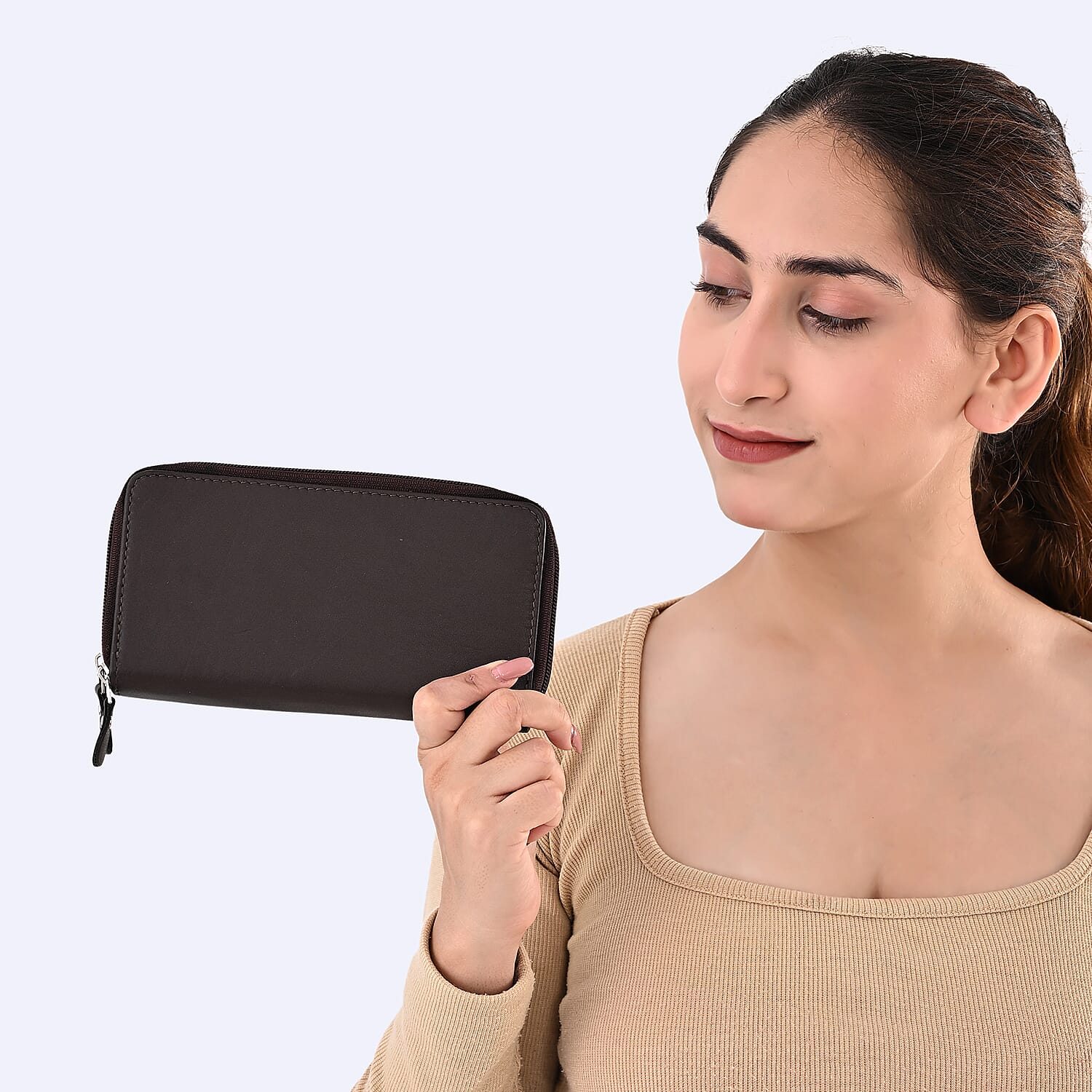 Livmore Brown Genuine Leather Womens Wallet with Double Zip Compartment