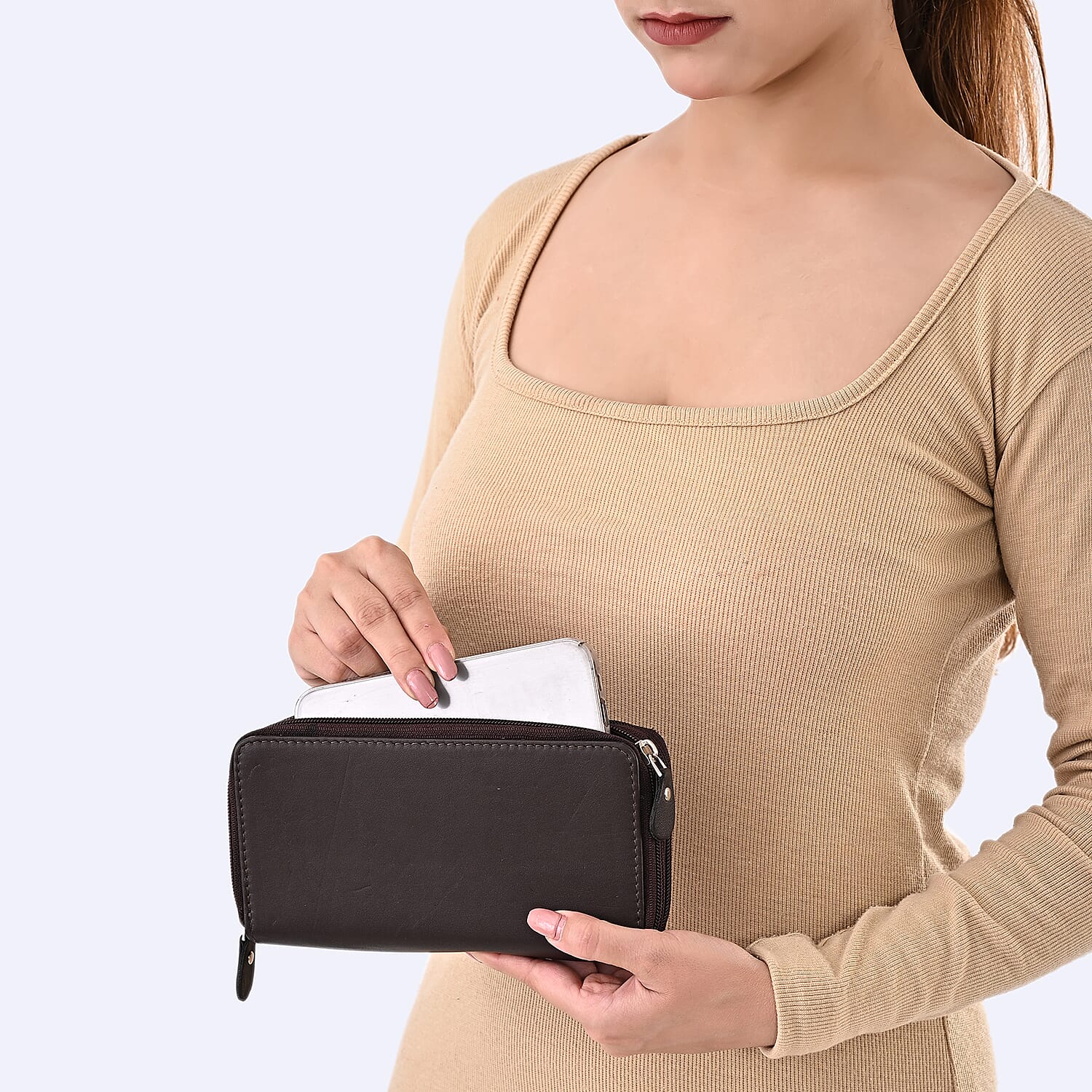Livmore Brown Genuine Leather Womens Wallet with Double Zip Compartment