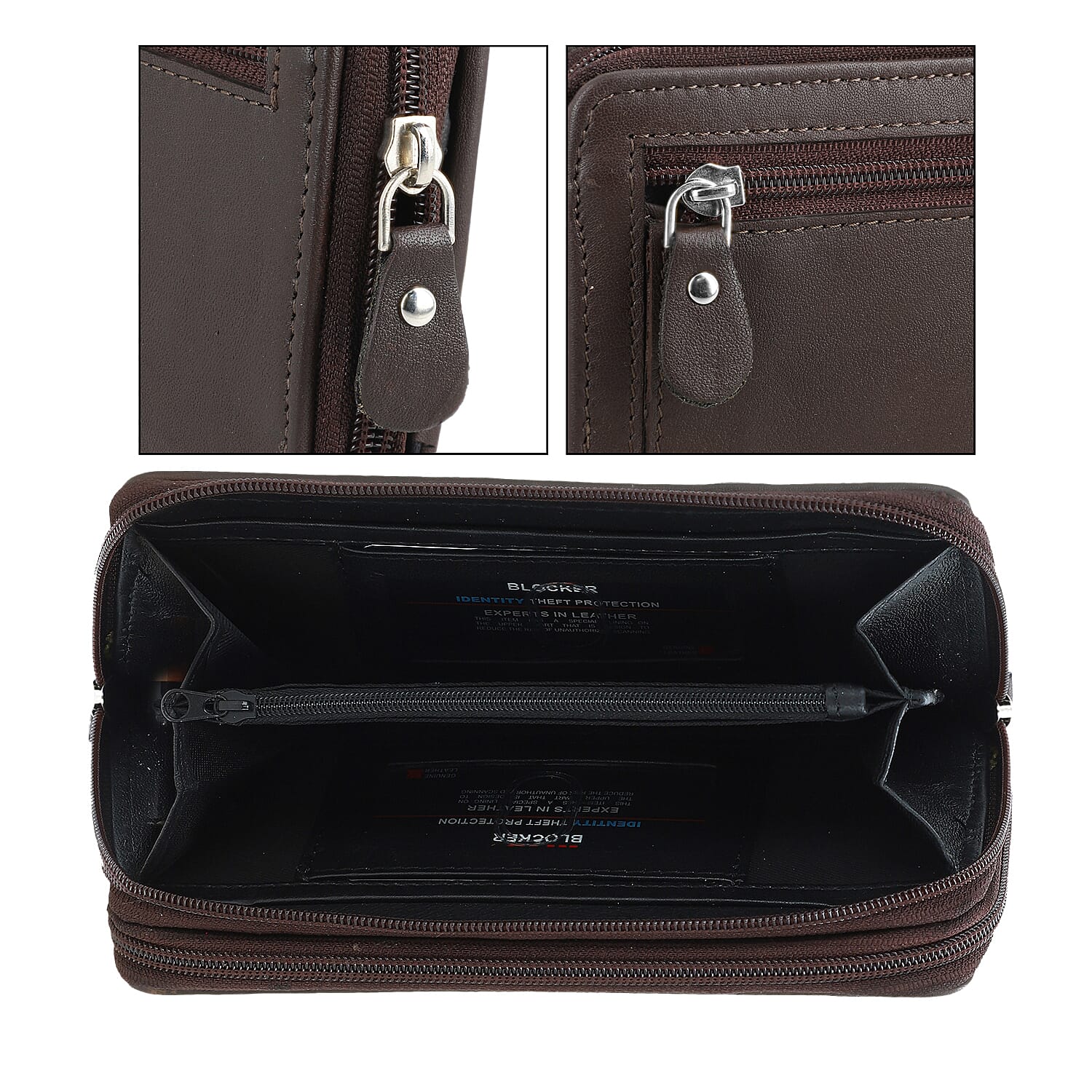 Livmore Brown Genuine Leather Womens Wallet with Double Zip Compartment
