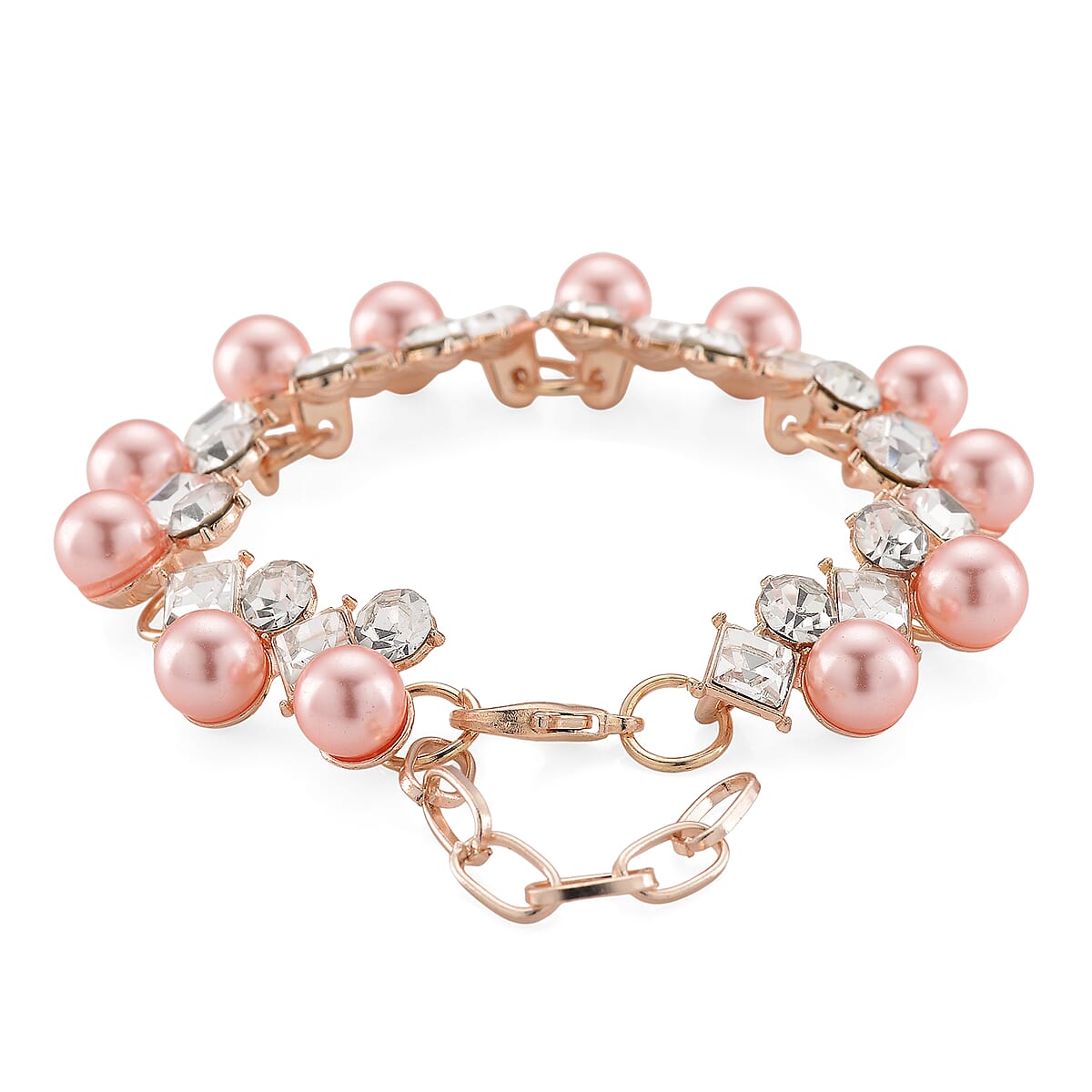 Pink Shell Pearl and Austrian Crystal Bracelet in Rosetone (6.50-8.0In) image number 2