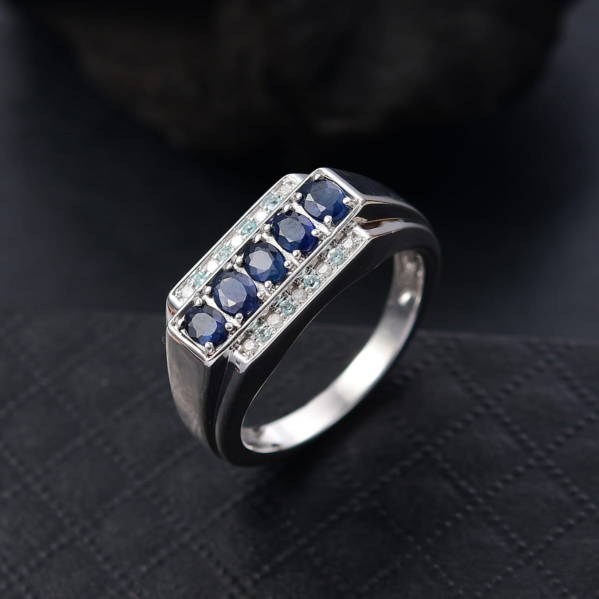 D'Joy Premium Kanchanaburi Blue Sapphire, Paraiba Tourmaline and Diamond 1.40 ctw 5 Elements of Nature Men's Ring in Rhodium Over Sterling Silver (Size 10.0) image number 1