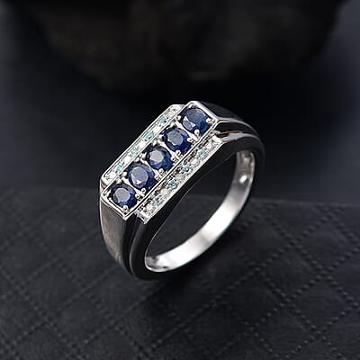 D'Joy Premium Kanchanaburi Blue Sapphire, Paraiba Tourmaline and Diamond 1.40 ctw 5 Elements of Nature Men's Ring in Rhodium Over Sterling Silver (Size 10.0)