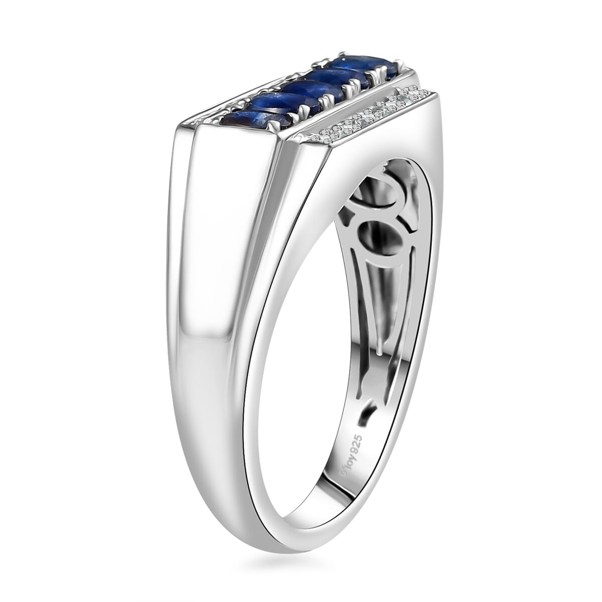 D'Joy Premium Kanchanaburi Blue Sapphire, Paraiba Tourmaline and Diamond 1.40 ctw 5 Elements of Nature Men's Ring in Rhodium Over Sterling Silver (Size 10.0) image number 3