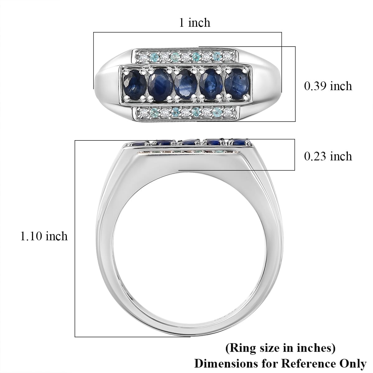 D'Joy Premium Kanchanaburi Blue Sapphire, Paraiba Tourmaline and Diamond 1.40 ctw 5 Elements of Nature Men's Ring in Rhodium Over Sterling Silver (Size 10.0) image number 5