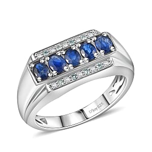 D'Joy Premium Kanchanaburi Blue Sapphire, Paraiba Tourmaline and Diamond 1.40 ctw 5 Elements of Nature Men's Ring in Rhodium Over Sterling Silver (Size 13.0)