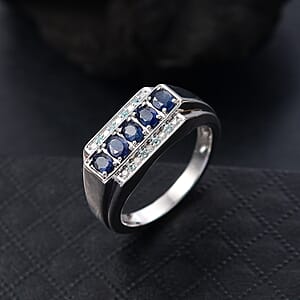 D'Joy Premium Kanchanaburi Blue Sapphire, Paraiba Tourmaline and Diamond 1.40 ctw 5 Elements of Nature Men's Ring in Rhodium Over Sterling Silver (Size 13.0)