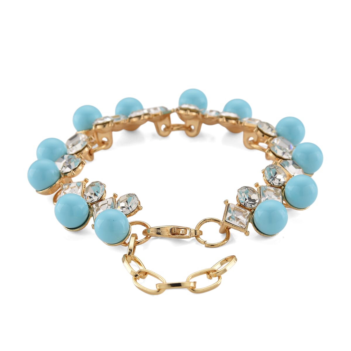 Sleeping Beauty Color Shell Pearl and Austrian Crystal Bracelet in Goldtone (6.50-8.0In) image number 2