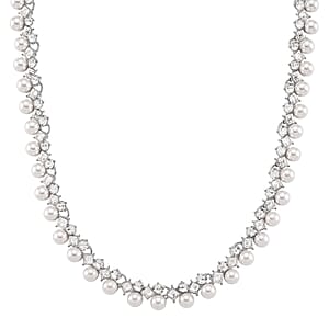 White Shell Pearl and Austrian Crystal Necklace in Silvertone 18-20 Inches