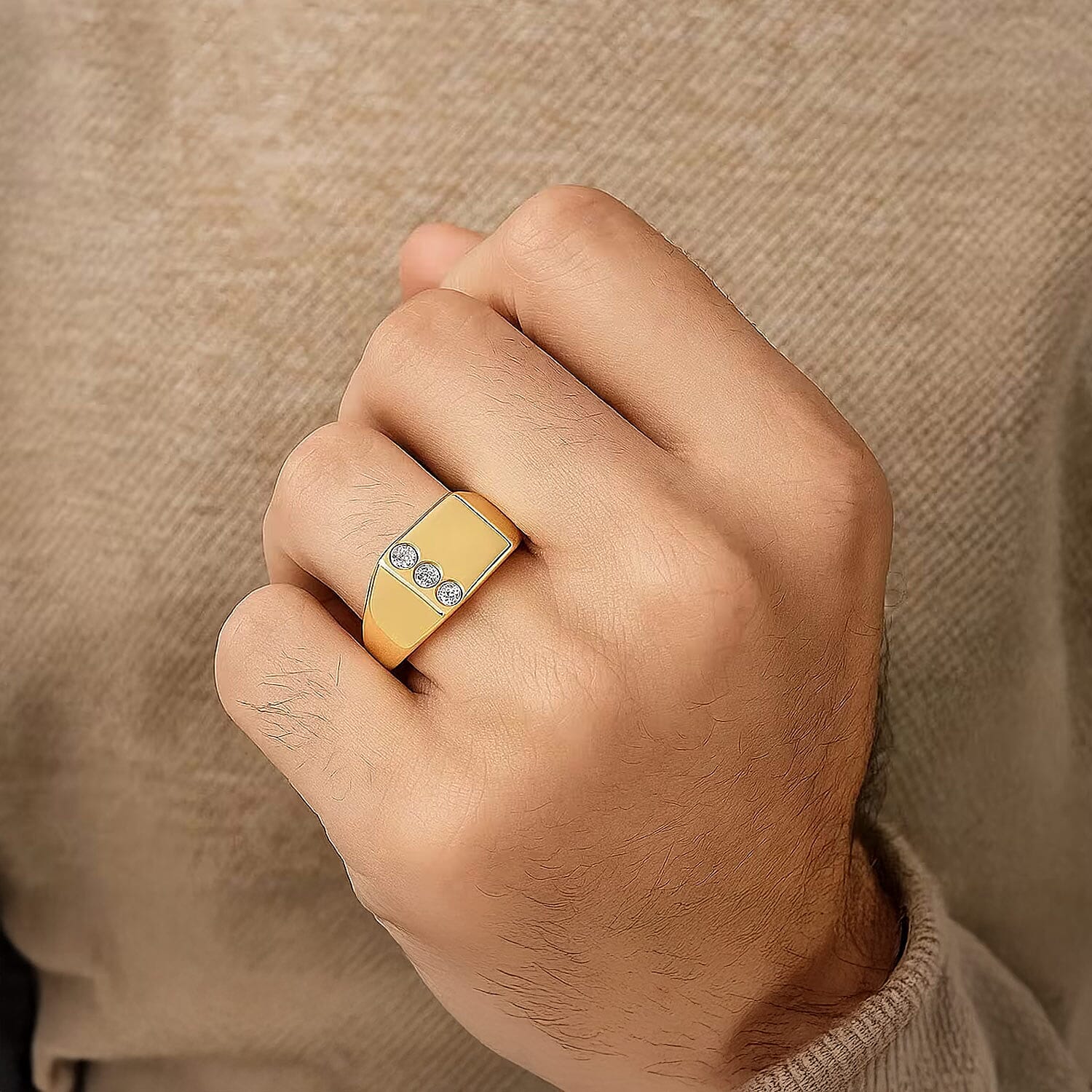 Luxuriant Lab Grown Diamond G-H SI 0.15 ctw Trinity Men's Ring in 18K Vermeil Yellow Gold Over Sterling Silver (Size 10.0) (Del. in 12-15 Days)