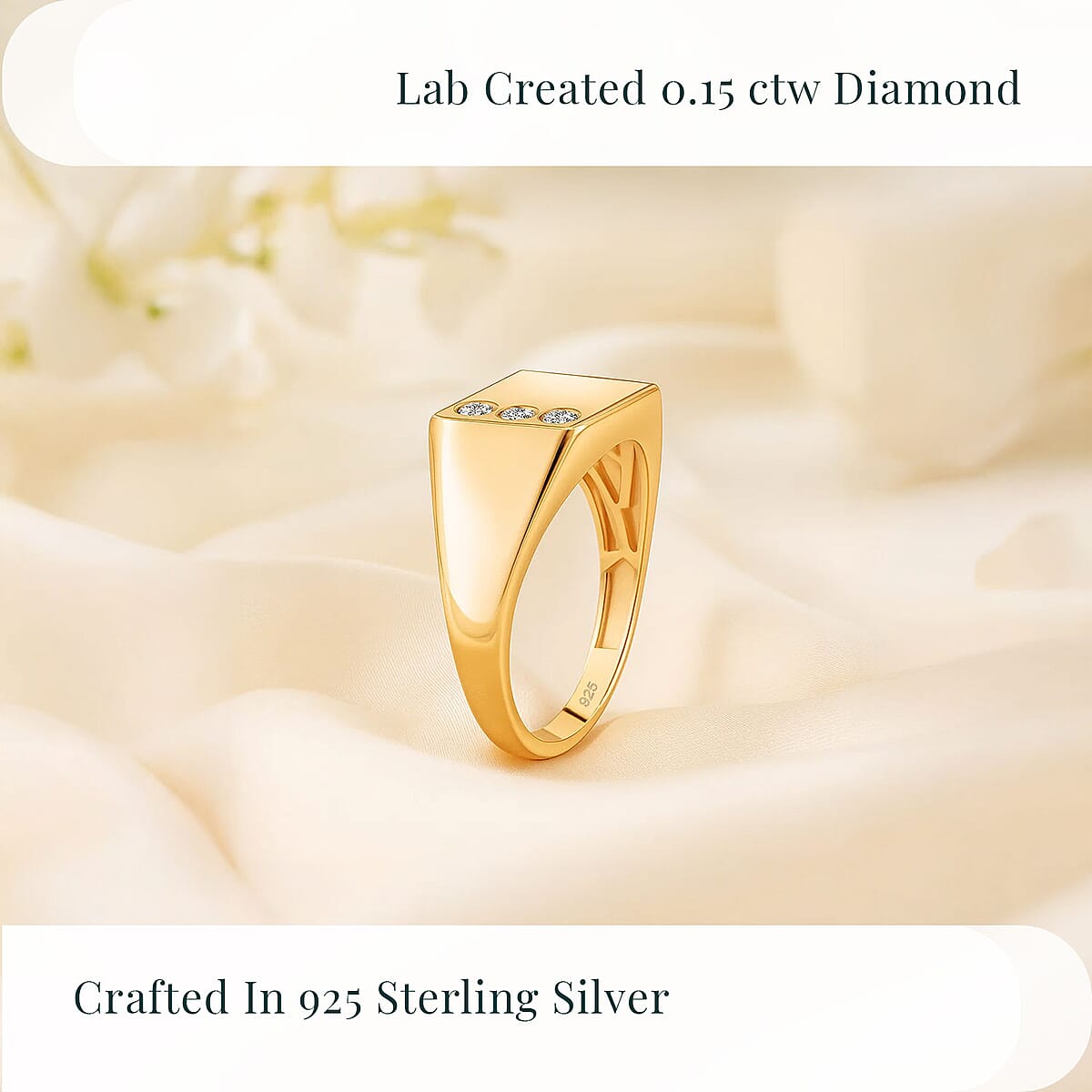 Luxuriant Lab Grown Diamond G-H SI 0.15 ctw Trinity Men's Ring in 18K Vermeil Yellow Gold Over Sterling Silver (Size 12.0)  image number 2