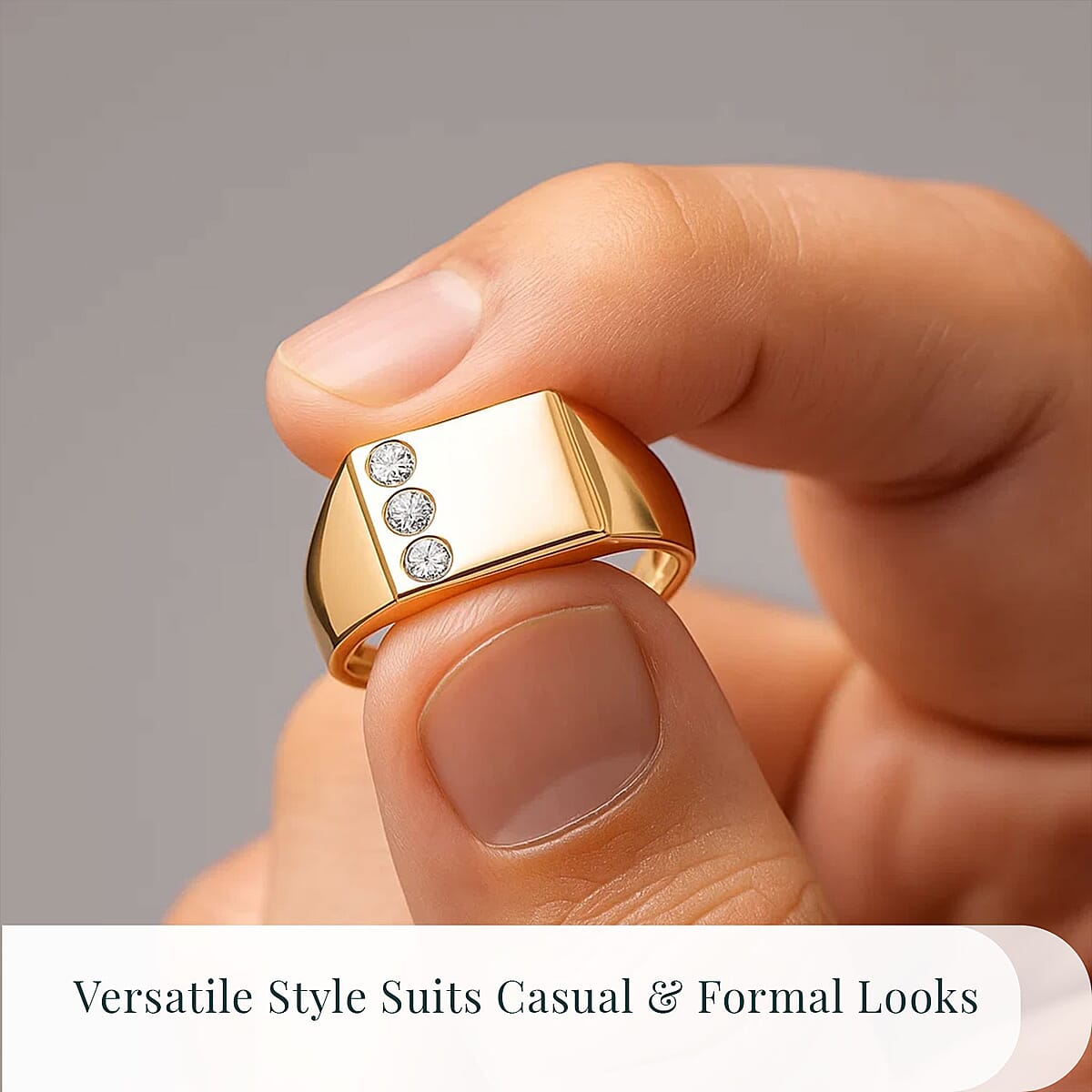 Luxuriant Lab Grown Diamond G-H SI 0.15 ctw Trinity Men's Ring in 18K Vermeil Yellow Gold Over Sterling Silver (Size 12.0)  image number 5