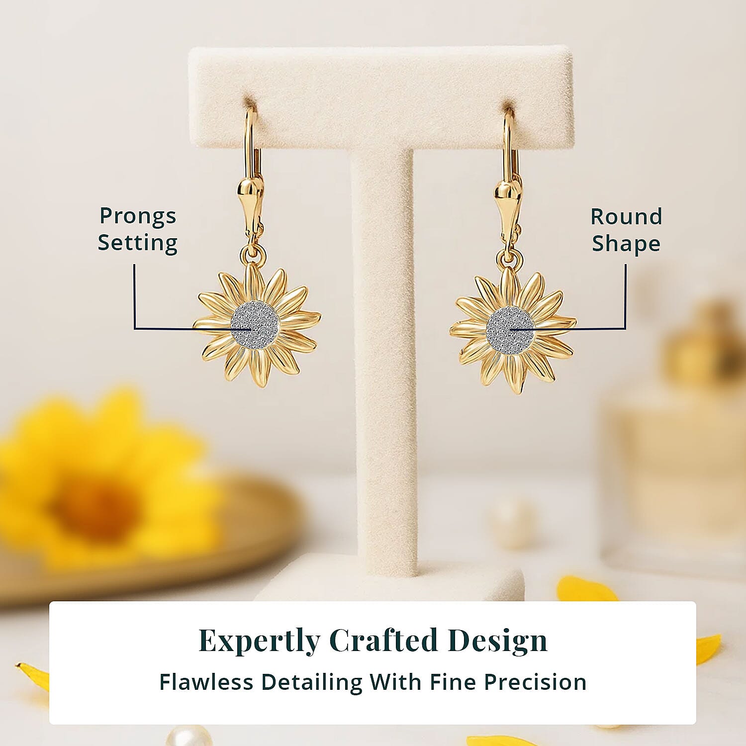 Luxuriant Lab Grown Diamond G-H SI 0.20 ctw Sunflower Bloom Lever Back Earrings in 18K Vermeil Yellow Gold Over Sterling Silver (Del. In 10-12 Days)