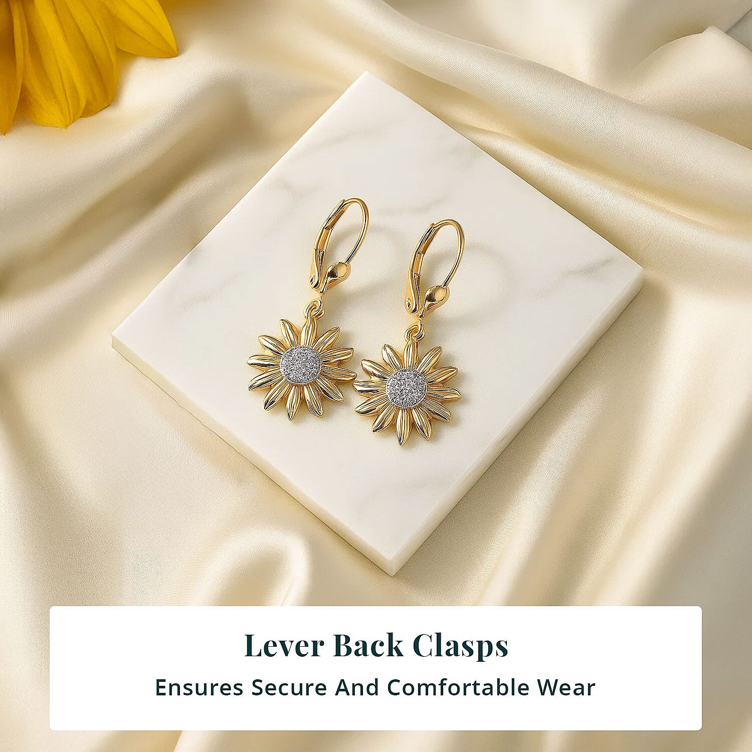 Luxuriant Lab Grown Diamond G-H SI 0.20 ctw Sunflower Bloom Lever Back Earrings in 18K Vermeil Yellow Gold Over Sterling Silver (Del. In 10-12 Days)