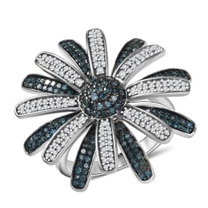 D’Joy White and Blue Diamond 1.50 ctw Midnight Bloom Flower Ring in Rhodium Over Sterling Silver (Size 10.0)