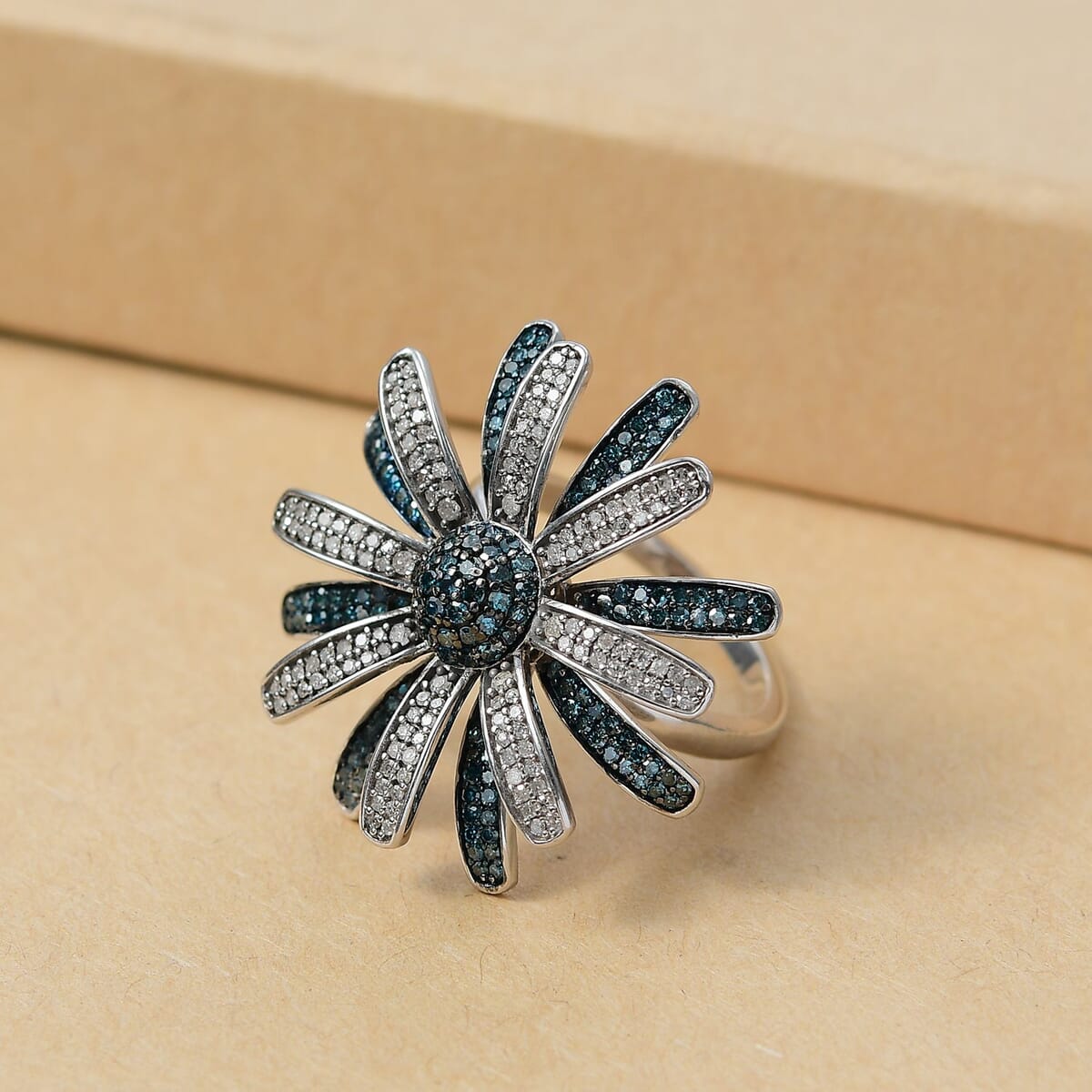 D’Joy White and Blue Diamond 1.50 ctw Midnight Bloom Flower Ring in Rhodium Over Sterling Silver (Size 10.0) image number 1