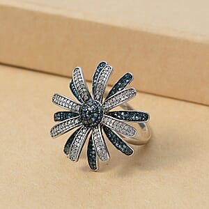 D'Joy White and Blue Diamond 1.50 ctw Midnight Bloom Flower Ring in Rhodium Over Sterling Silver (Size 10.0)