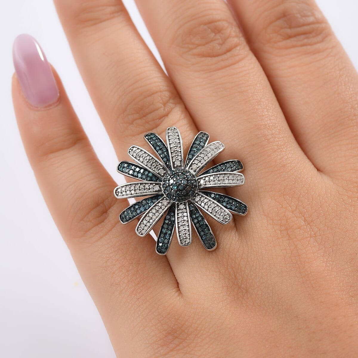 D’Joy White and Blue Diamond 1.50 ctw Midnight Bloom Flower Ring in Rhodium Over Sterling Silver (Size 10.0) image number 2