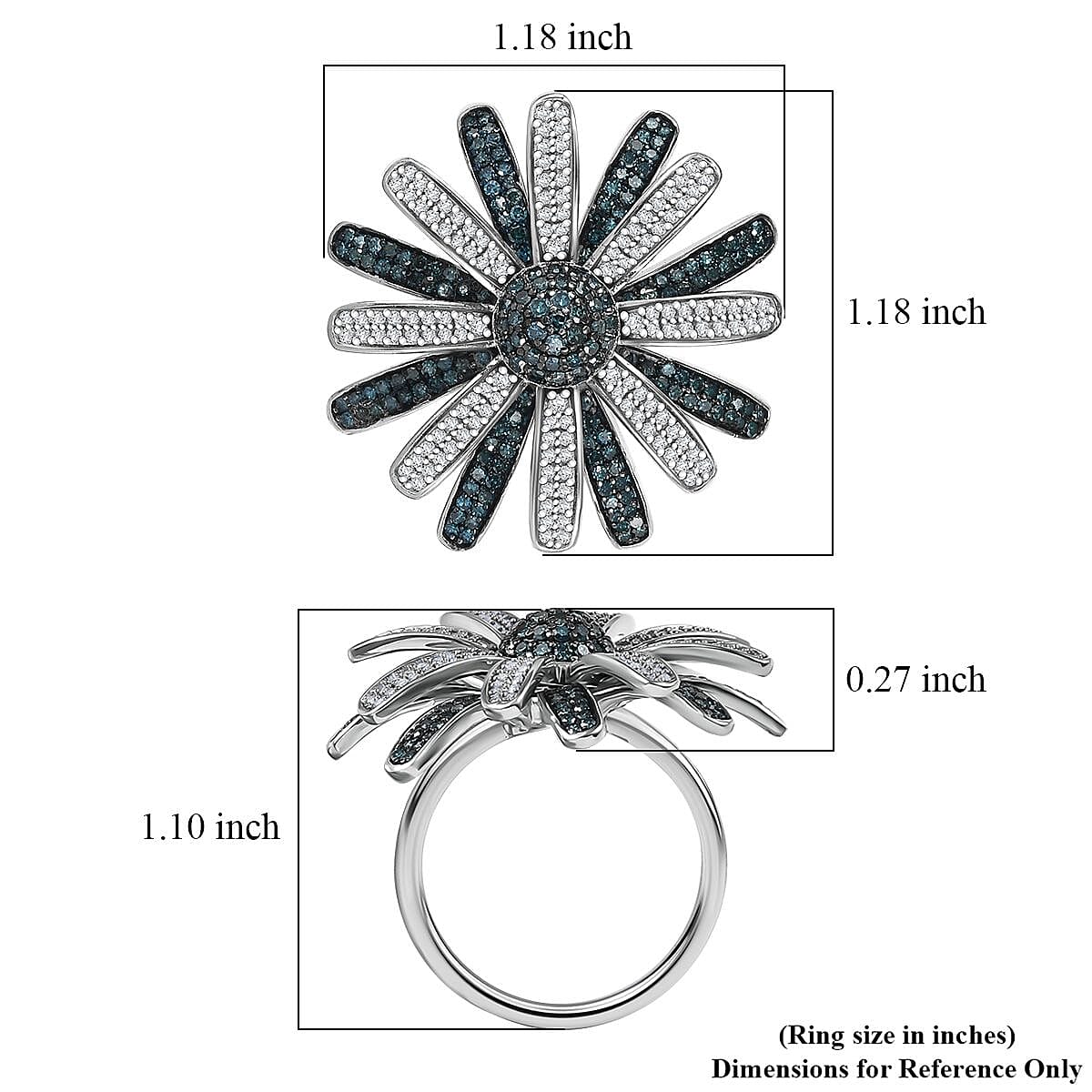 D'Joy White and Blue Diamond 1.50 ctw Midnight Bloom Flower Ring in Rhodium Over Sterling Silver (Size 10.0)