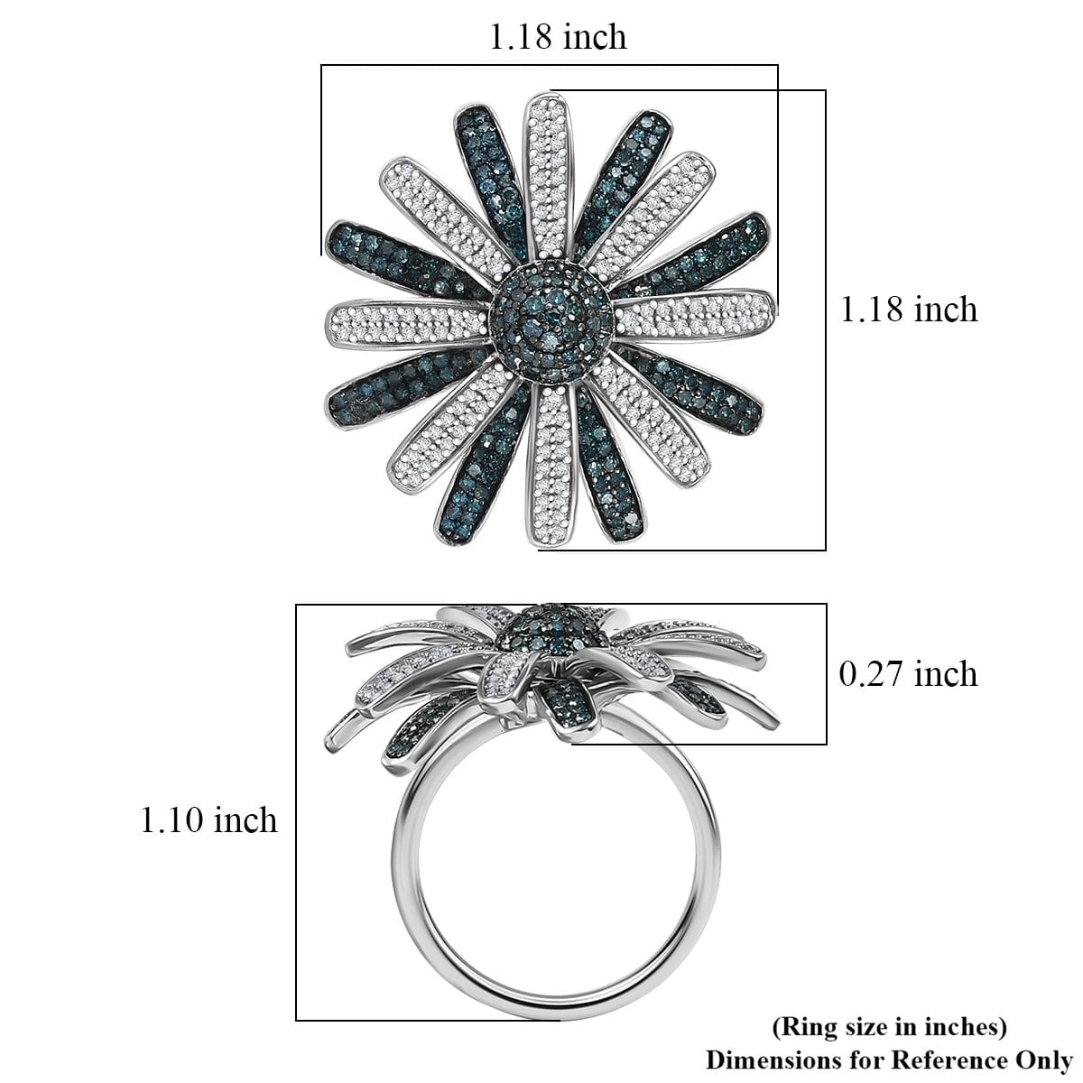 D’Joy White and Blue Diamond 1.50 ctw Midnight Bloom Flower Ring in Rhodium Over Sterling Silver (Size 10.0) image number 5