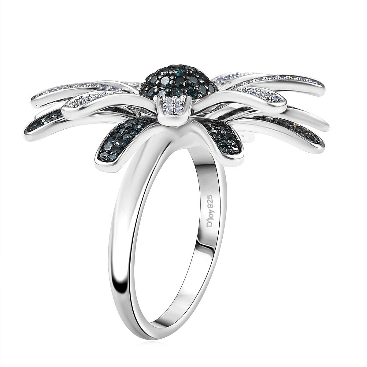D'Joy White and Blue Diamond 1.50 ctw Midnight Bloom Flower Ring in Rhodium Over Sterling Silver (Size 6.0) image number 3