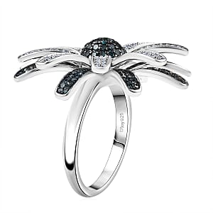 D'Joy White and Blue Diamond 1.50 ctw Midnight Bloom Flower Ring in Rhodium Over Sterling Silver (Size 8.0)