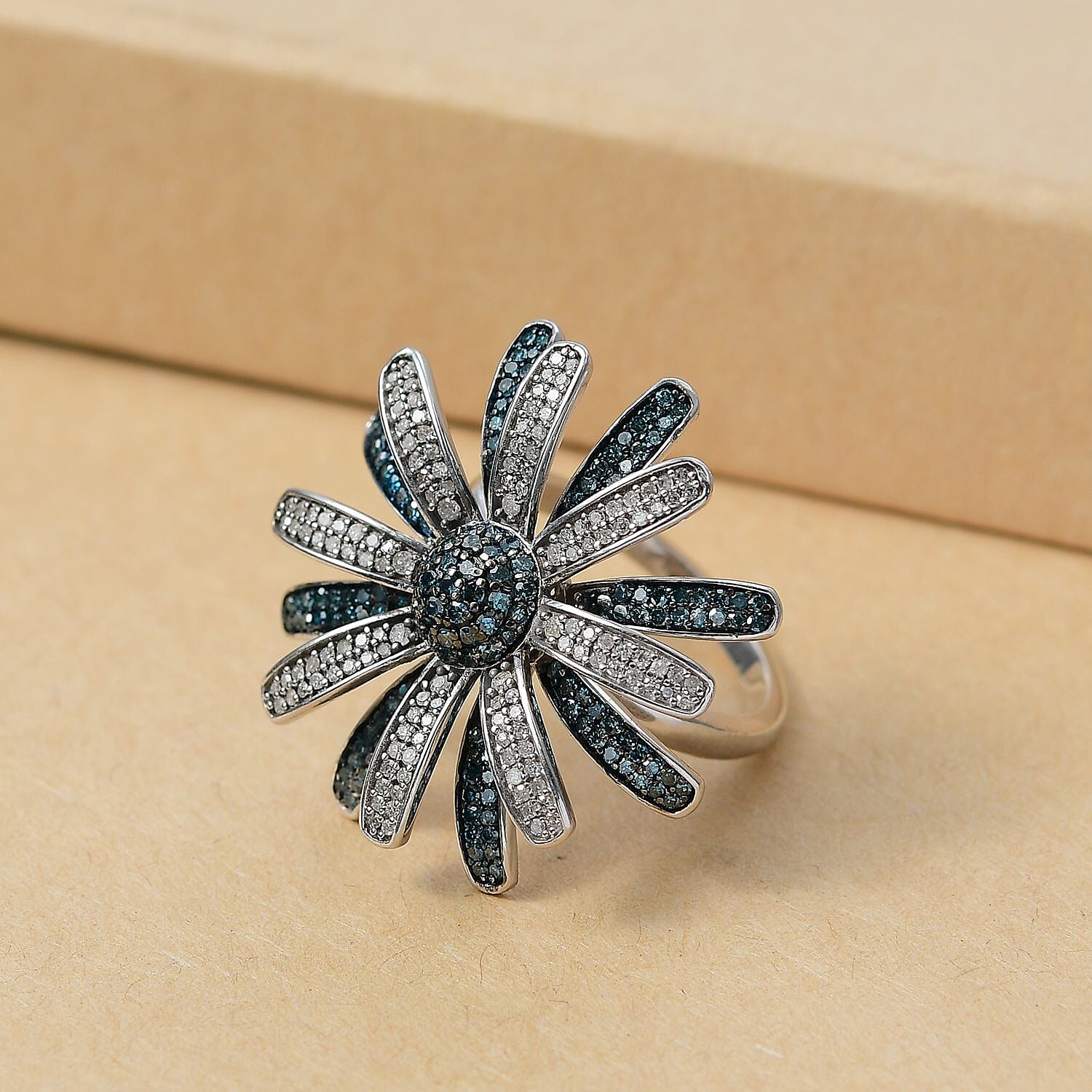 D’Joy White and Blue Diamond 1.25 ctw Midnight Bloom Ring in Rhodium Over Sterling Silver (Size 10.0)