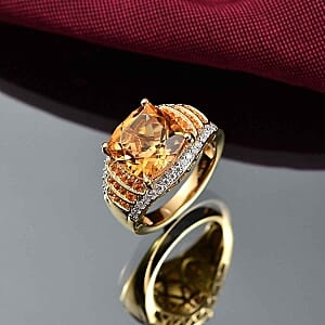 D'Joy Serra Goucha Citrine and Fire Opal Moissanite 6.27 ctw Ring in Vermeil Yellow Gold Over Sterling Silver (Size 8.0)