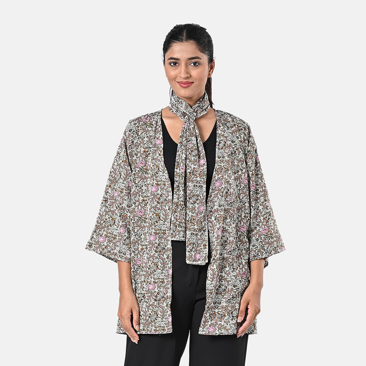 Olive Floral Polyester Kimono (30x24), Scrunchie (28x3.5) and Scarf (68x 12)  image number 0