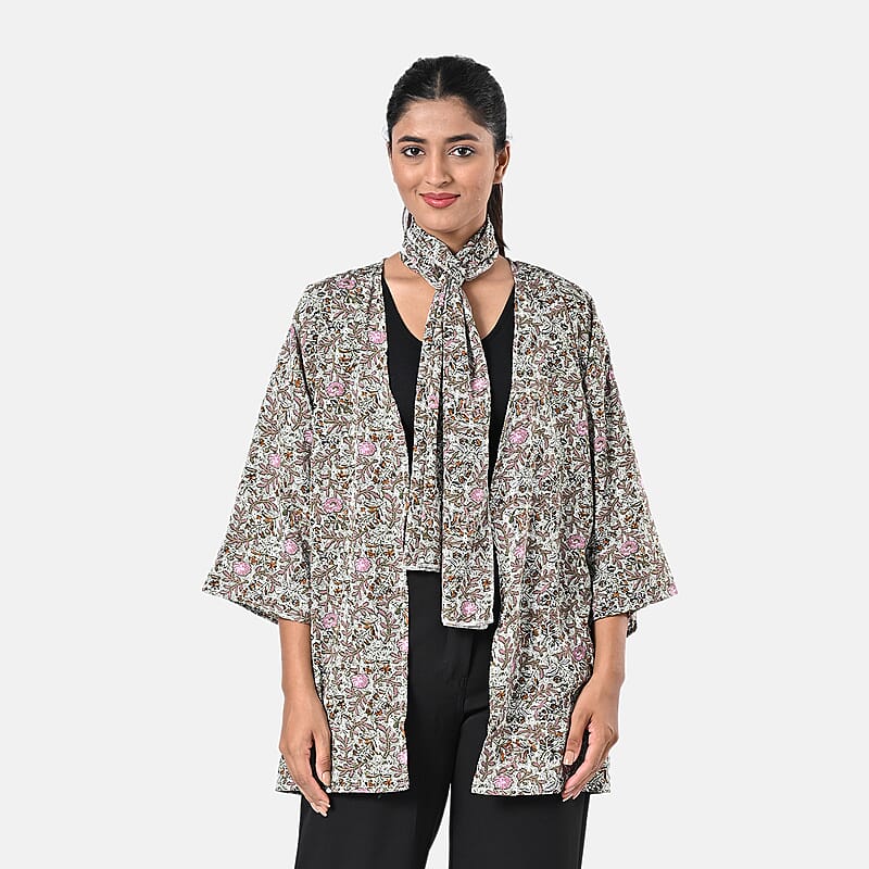 TAMSY Olive Floral 3 Piece Kimono, Scarf, and Scrunchie Set - One Size Fits Most