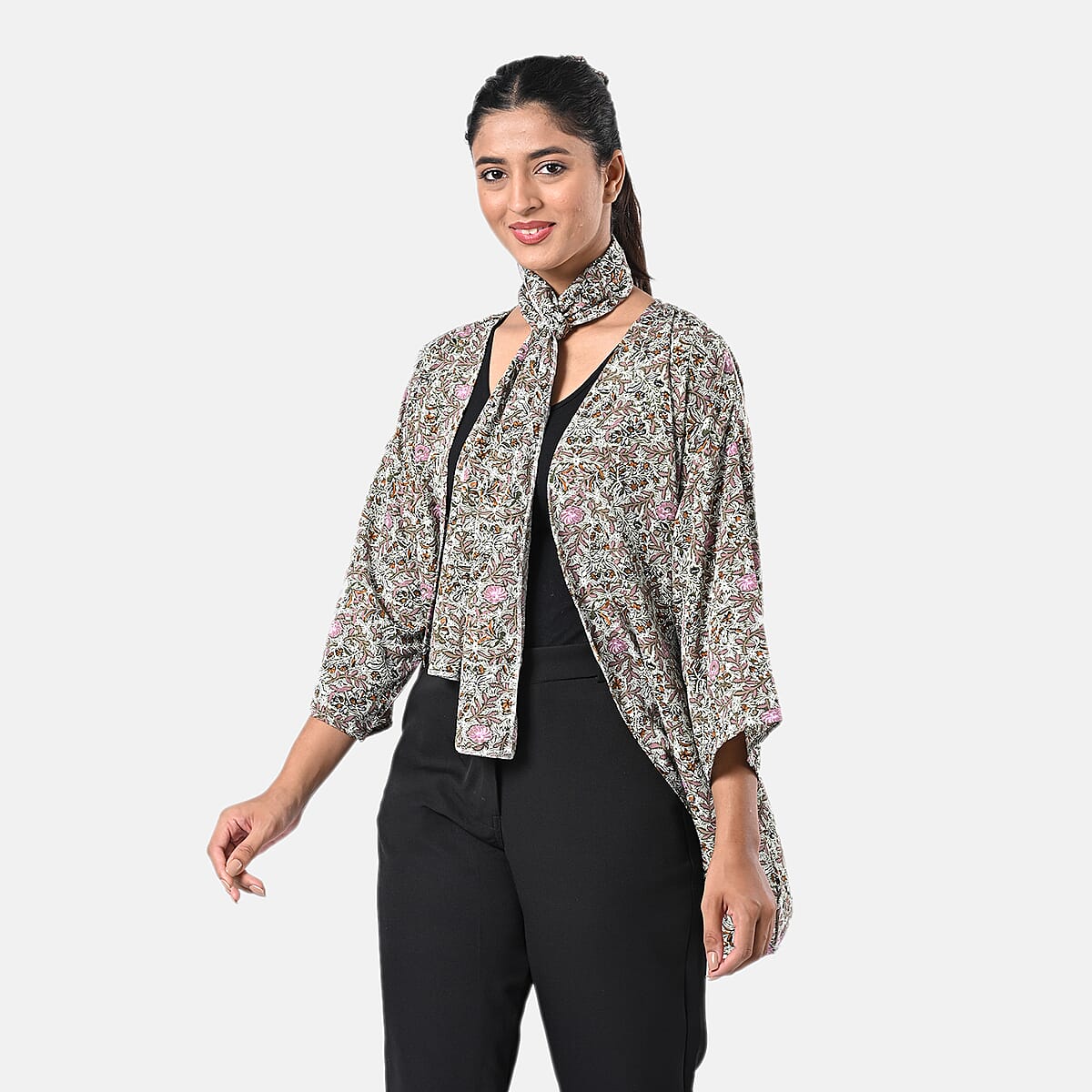 Olive Floral Polyester Kimono (30x24), Scrunchie (28x3.5) and Scarf (68x 12)  image number 2