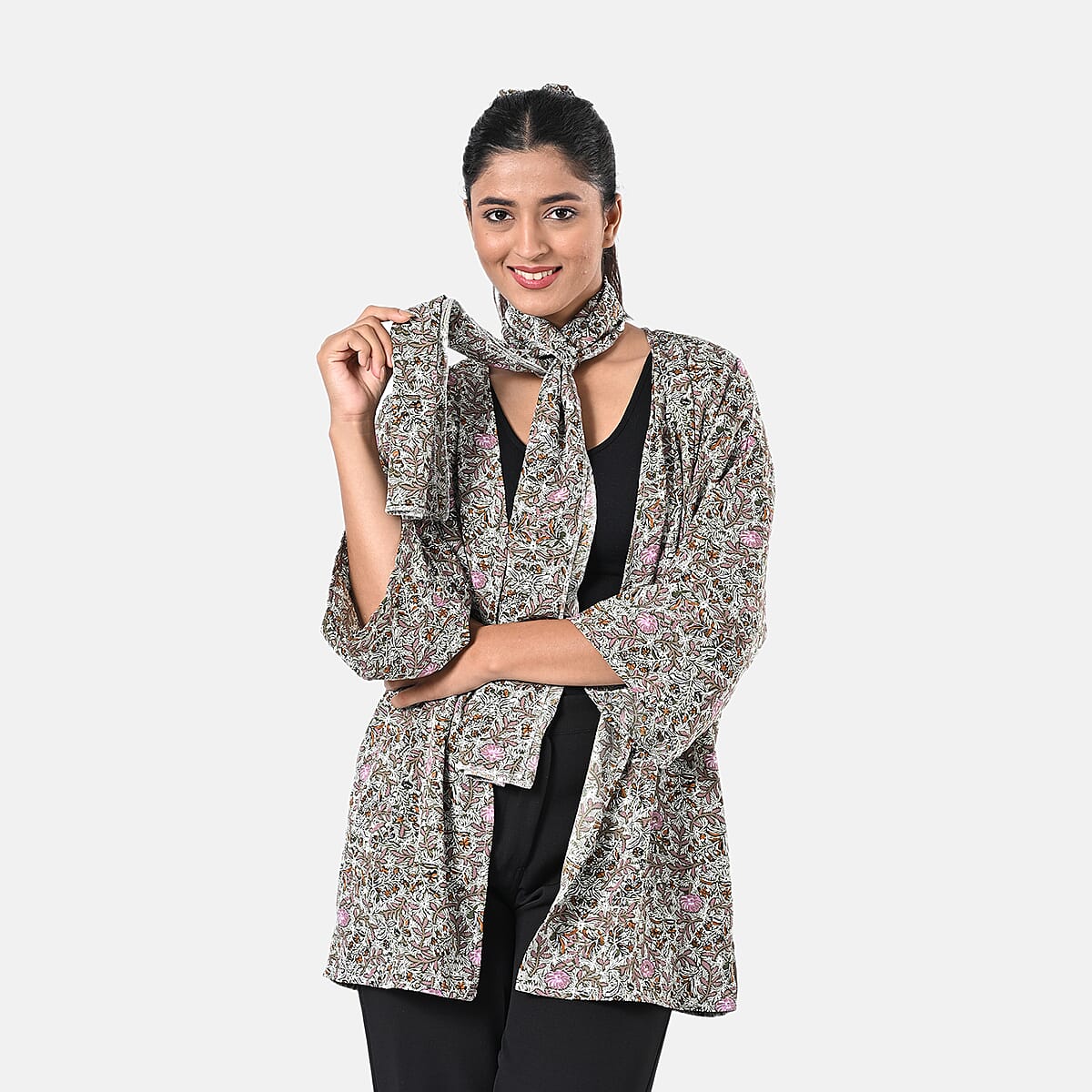Olive Floral Polyester Kimono (30x24), Scrunchie (28x3.5) and Scarf (68x 12)  image number 4